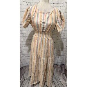 Dress Naoo  Women’s Button Front Blue Striped Short Sleeves Maxi Dress Size XL